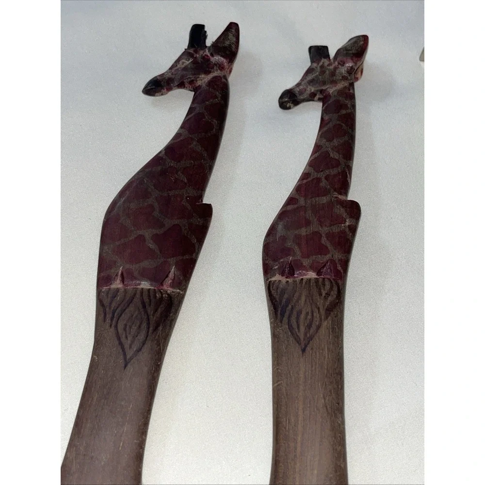 Vintage Wooden Handmade Giraffe Salad Tossing Fork & Spoon Works Great Clean Woo